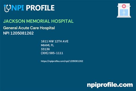 The National Provider Identifier (<strong>NPI</strong>) is #1225033020, which was assigned on June 17, 2005, and the registration record was last updated on April 6, 2017. . Jackson memorial hospital npi
